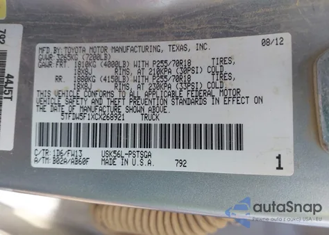 2012 Toyota Tundra Grade 5.7L V8 из США, поврежденный, VIN 5TFDW5F1XCX268921